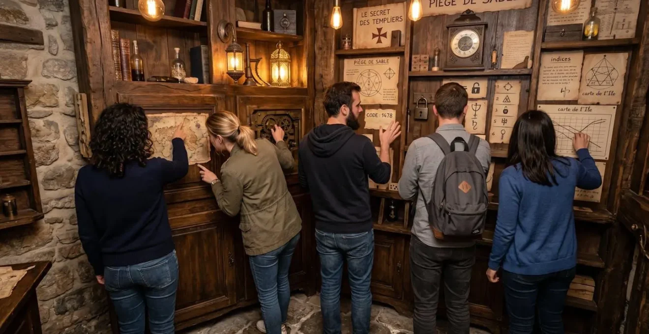 Une équipe de cinq personnes vue de dos, penchée ensemble sur un tableau d'indices muraux dans une salle d'escape game aux tons chauds