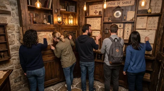 Une équipe de cinq personnes vue de dos, penchée ensemble sur un tableau d'indices muraux dans une salle d'escape game aux tons chauds