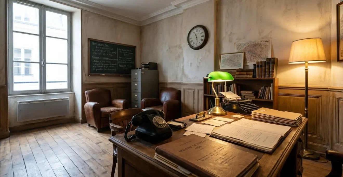 Salle d'escape game vide avec décor immersif de type bureau vintage, éclairage d'ambiance chaleureux, détails soignés, aucune présence humaine