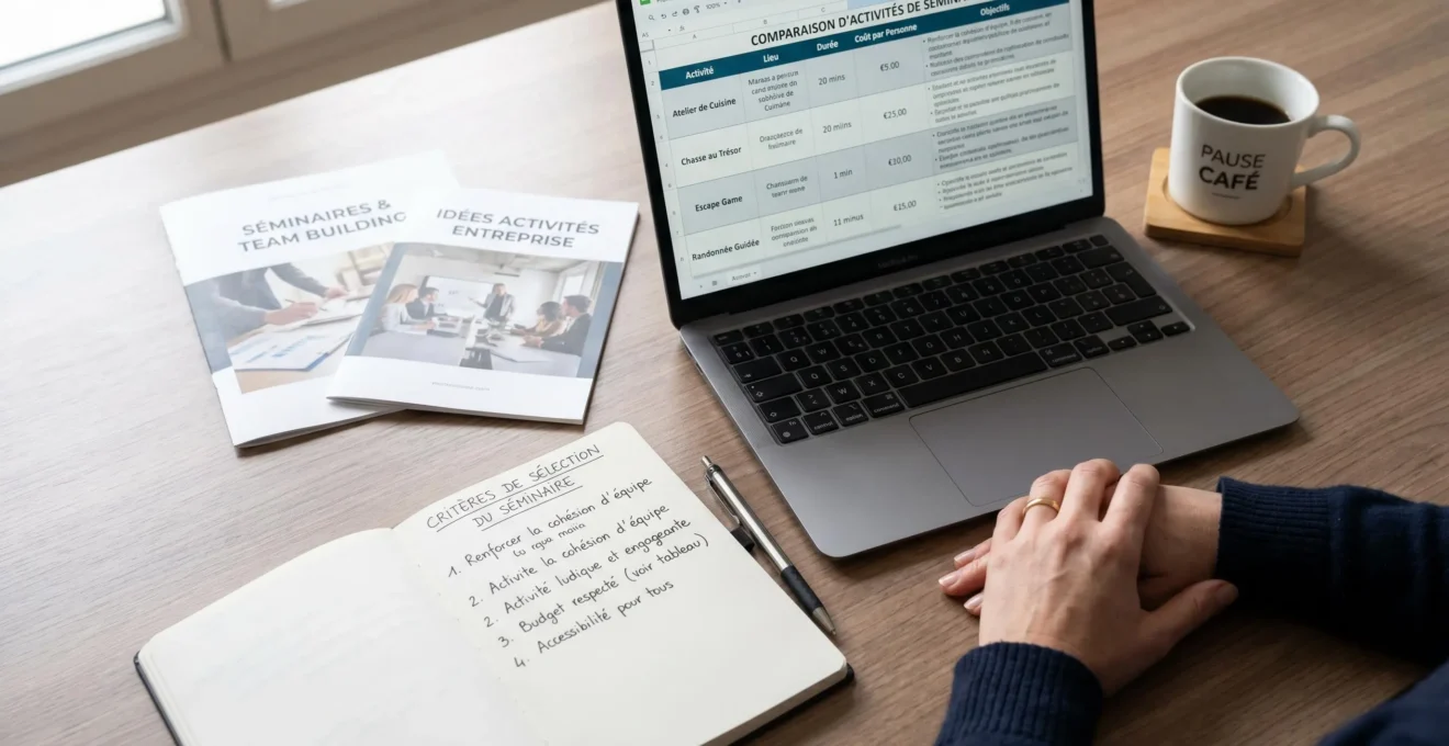 Vue de dessus du bureau d'une responsable RH française préparant la sélection d'activités de team building avec ordinateur, critères manuscrits et documentation événementielle
